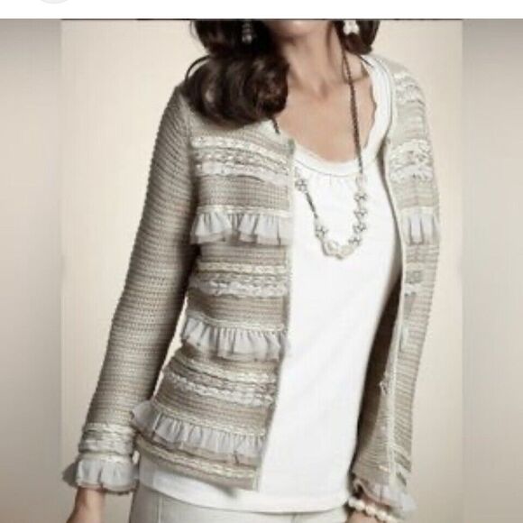 NWT CJ banks Cardigan Open Knit White Tan Beige Sweater Size 2XL Ruffle Striped - Picture 1 of 9
